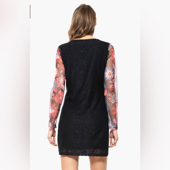 Desigual Pichi lined black lace body, mesh floral print long sleeve fitted midi - Picture 3 of 9